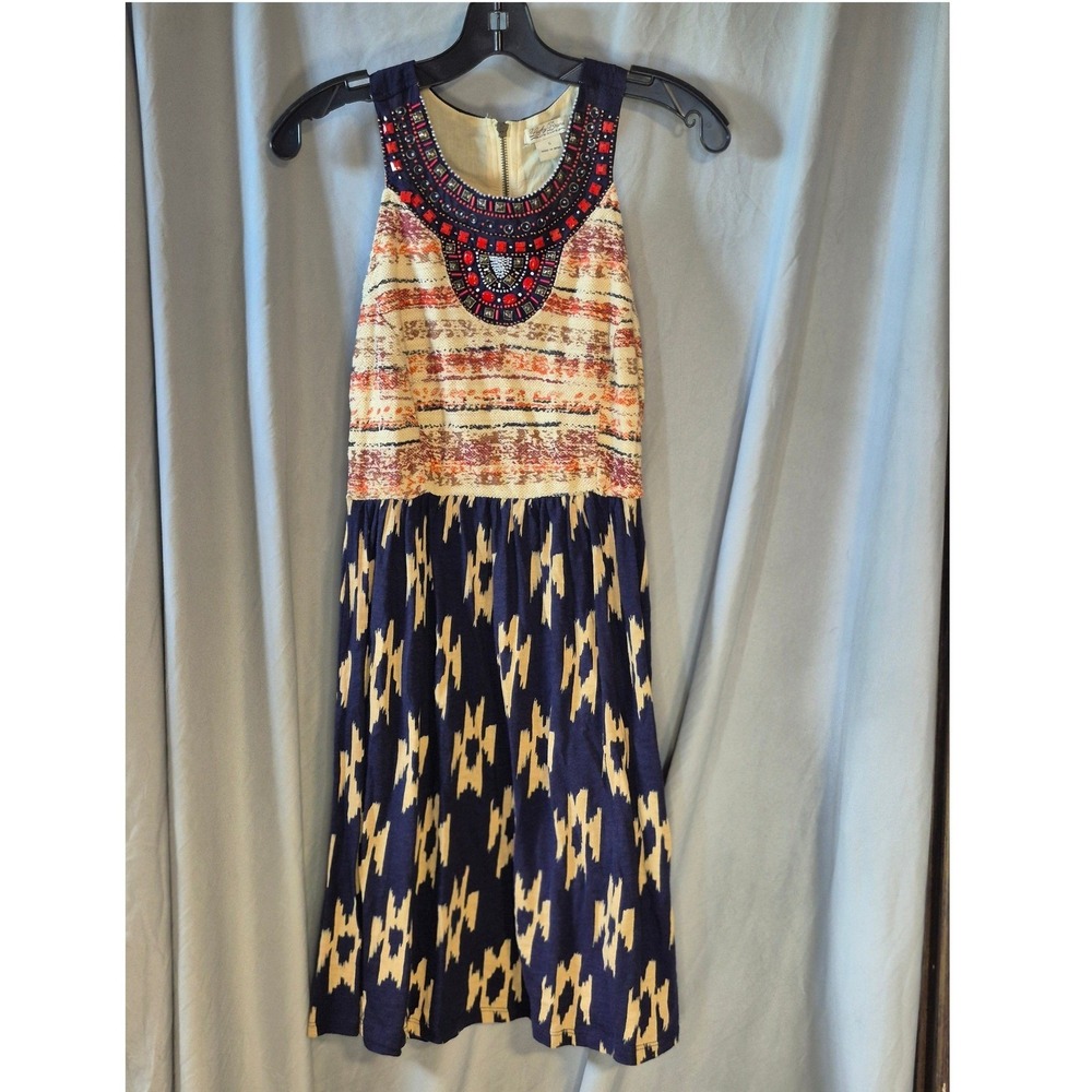 Lucky Brand Womens Small Mixed Print Beaded Halter Dress Navy Blue Boho Small
